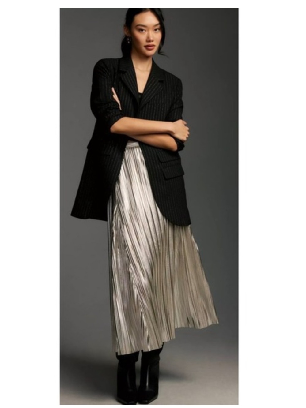 Anthropologie Maeve Tiered Pinstripe Metallic Longline Blazer